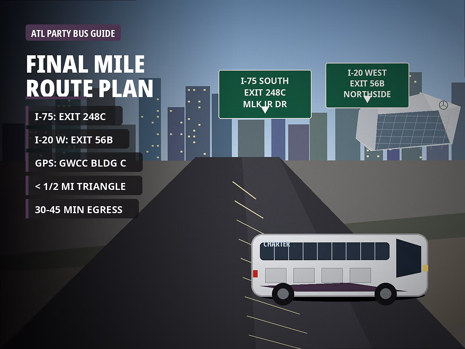Driving route to GWCC Bus Lane C at Mercedes-Benz Stadium