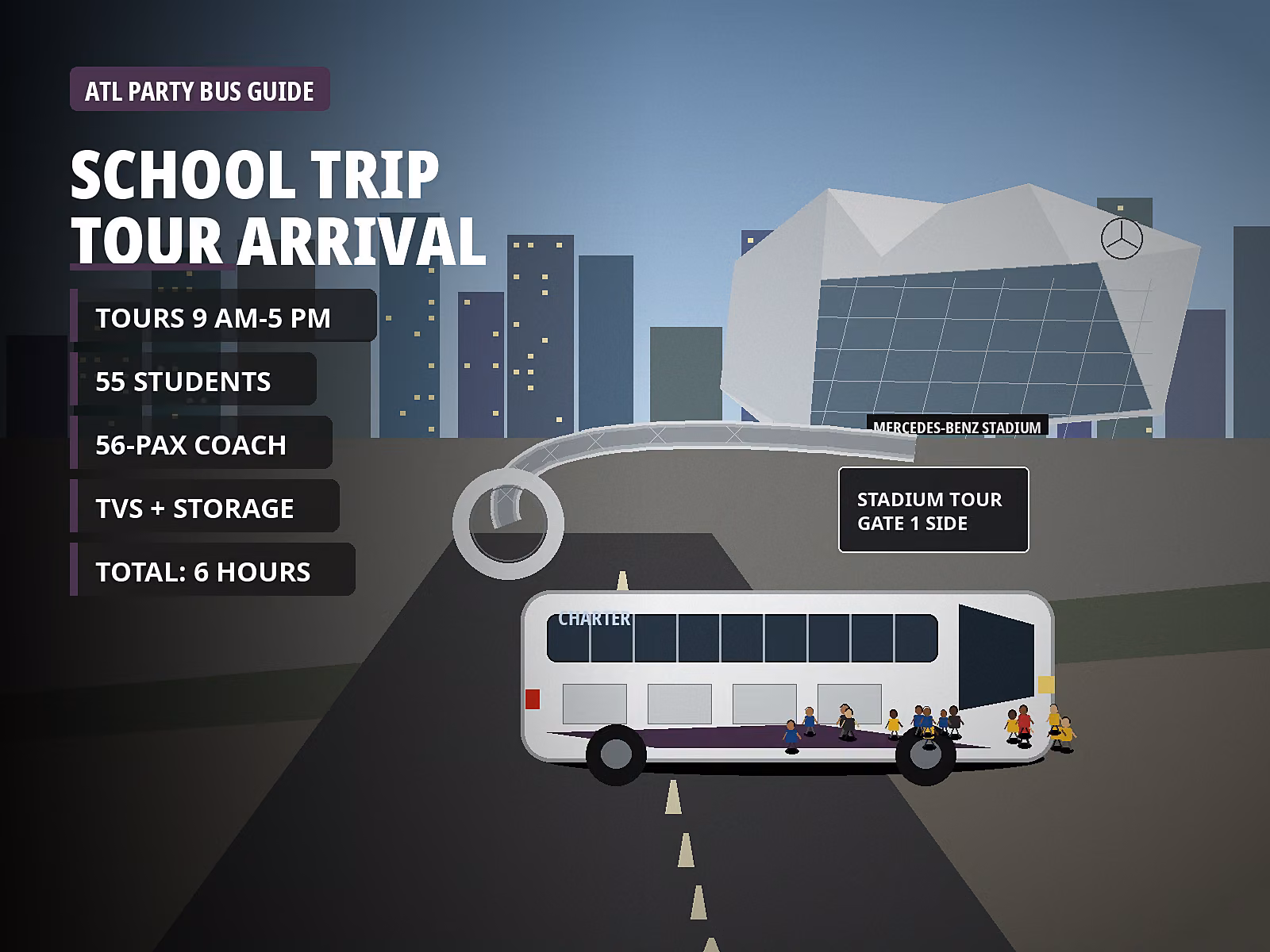 School field-trip group boarding a bus to Mercedes-Benz Stadium