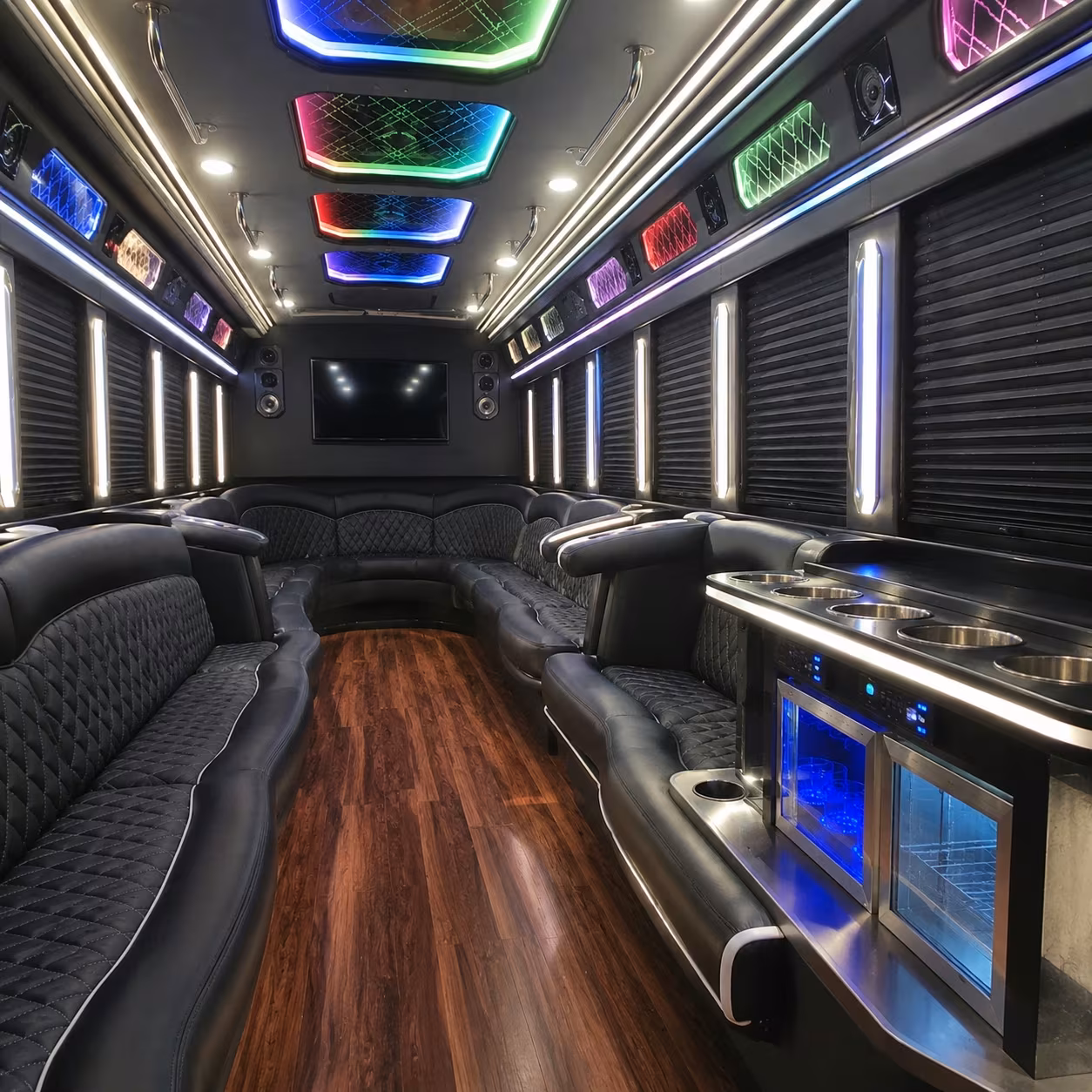 Friends laughing during a Atlanta party bus celebration