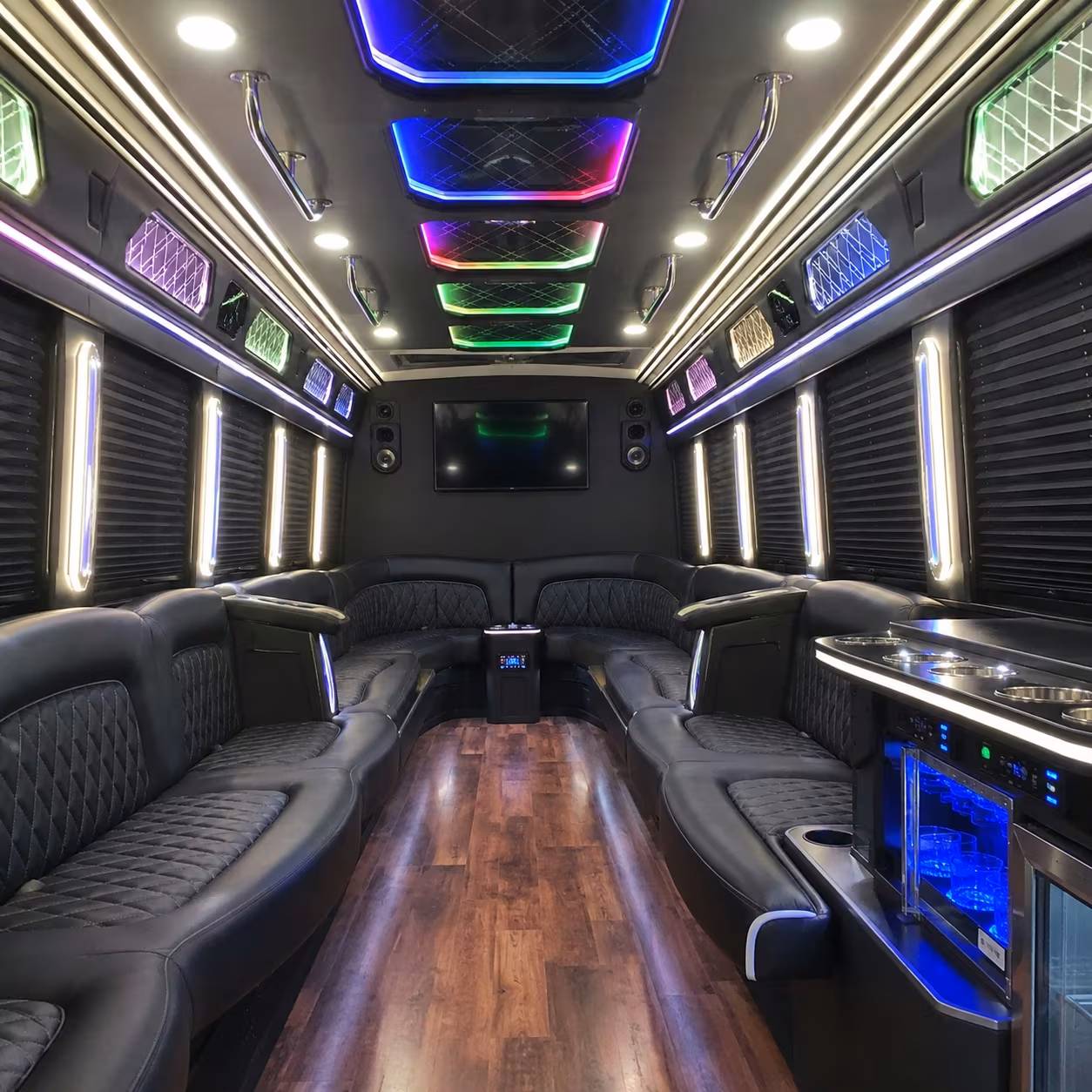 Passenger watching the Atlanta scenery during a regional party bus road trip