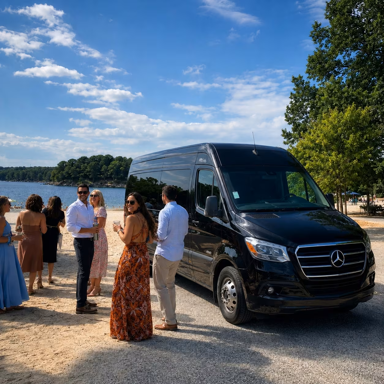 Group beside a Mercedes Sprinter limo from the Atlanta fleet at the beach