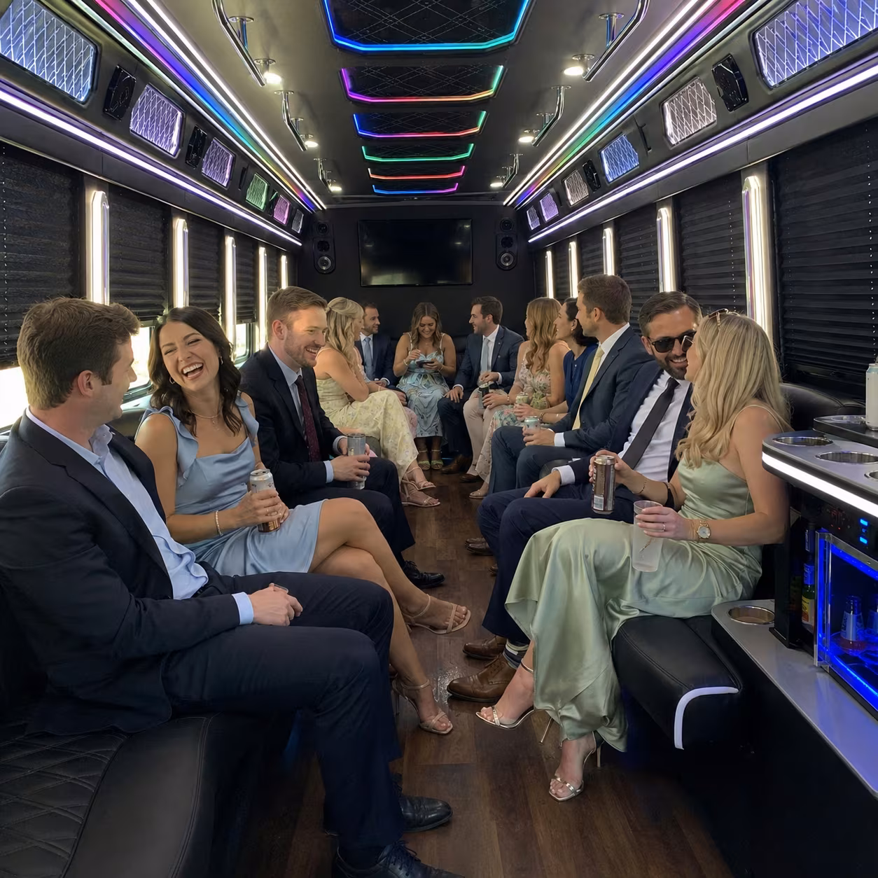 Wedding guests seated inside a Atlanta party bus