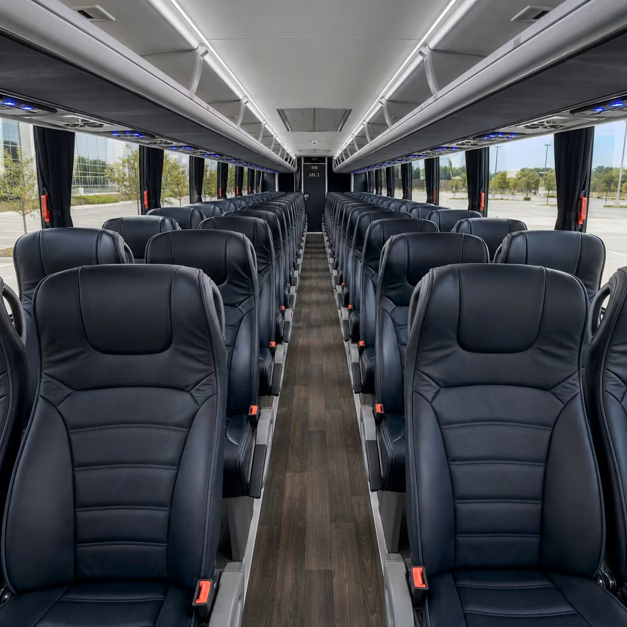 View down the aisle of a charter bus with rows of reclining seats