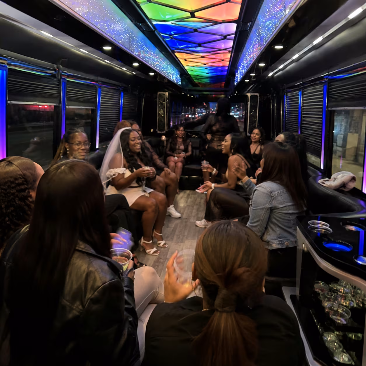 Group inside a Atlanta bachelorette party bus