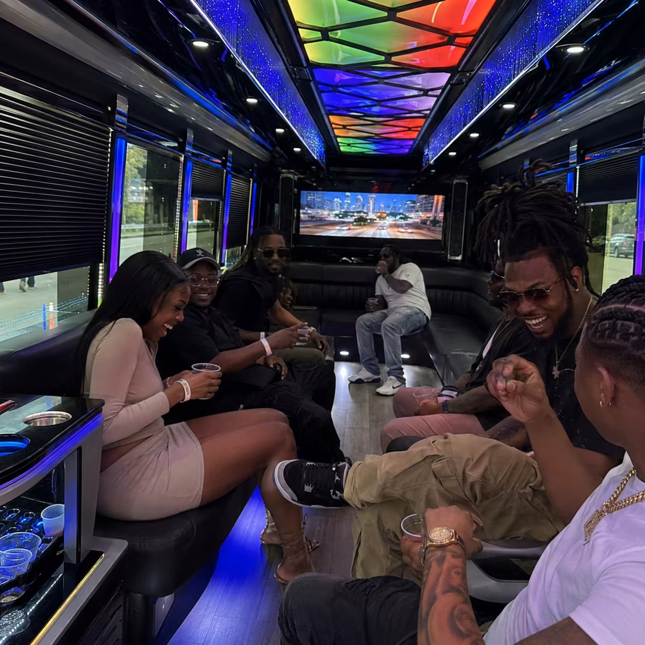 Wraparound seating inside a Atlanta party bus rental