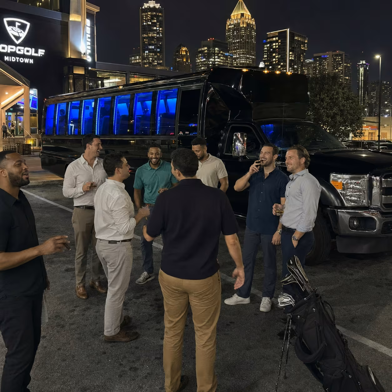 Golf cigar bachelor party bus for a metro Atlanta bachelor & bachelorette party bus rental