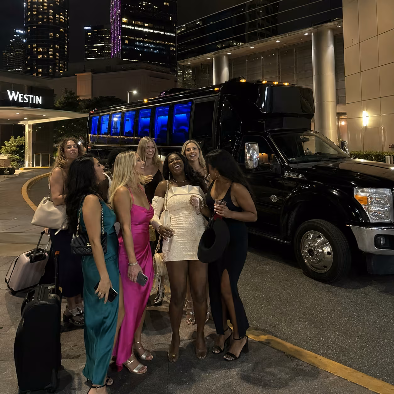 Hotel airbnb transfer loading for a metro Atlanta bachelor & bachelorette party bus rental