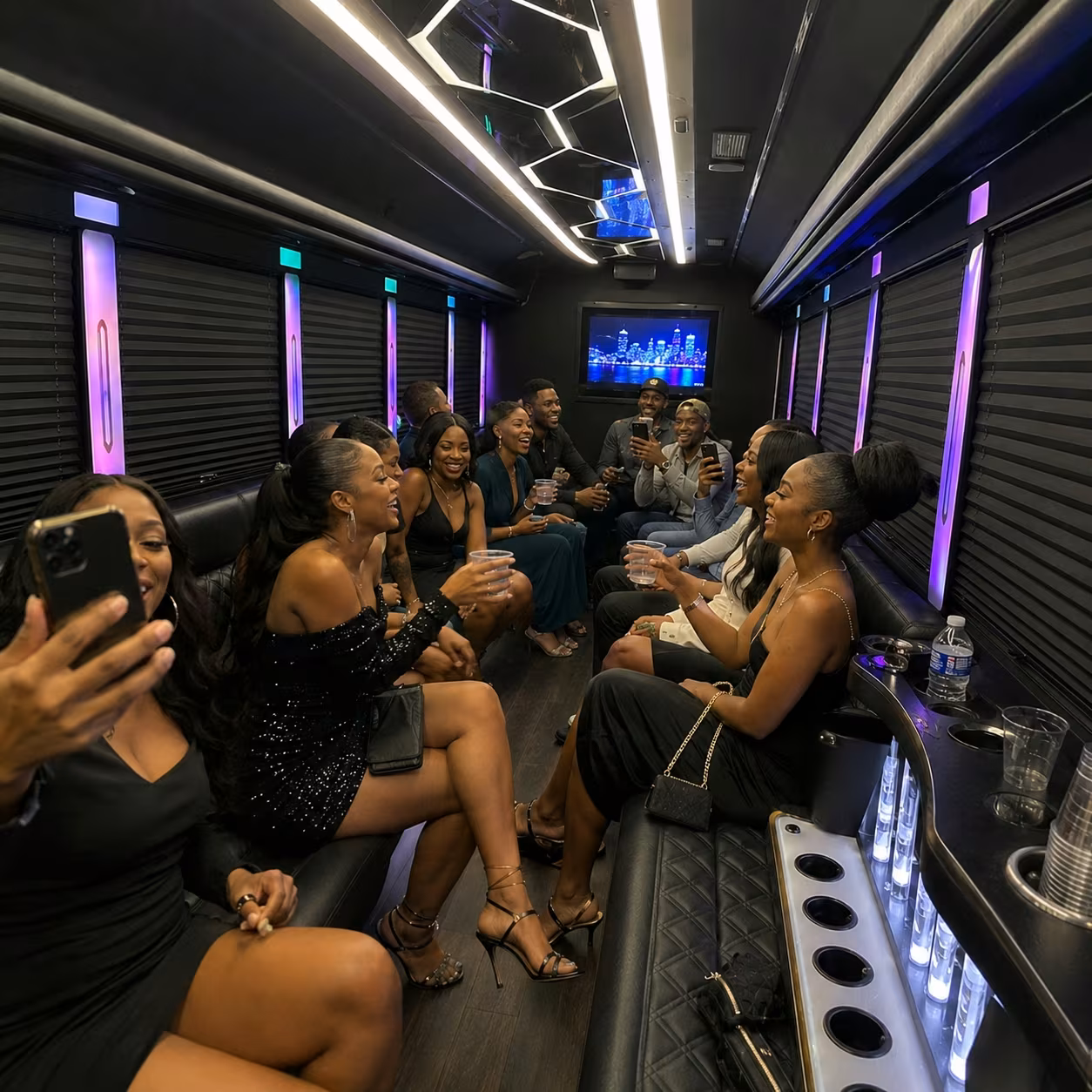 Late night return interior for a metro Atlanta bachelor & bachelorette party bus rental