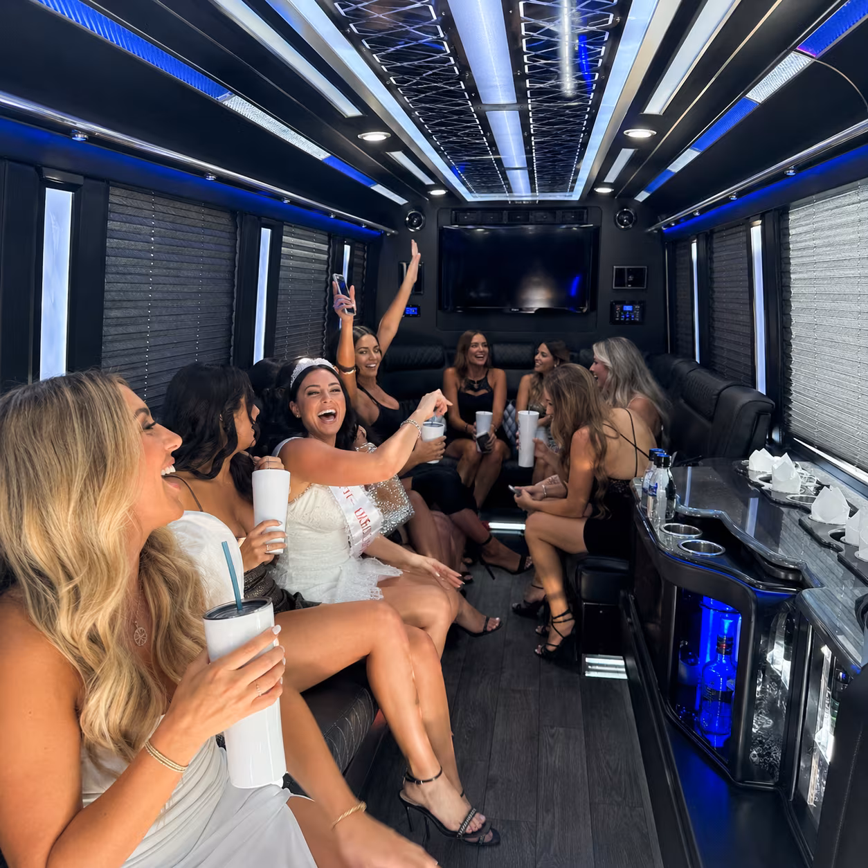 Party bus interior blue LED for a metro Atlanta bachelor & bachelorette party bus rental