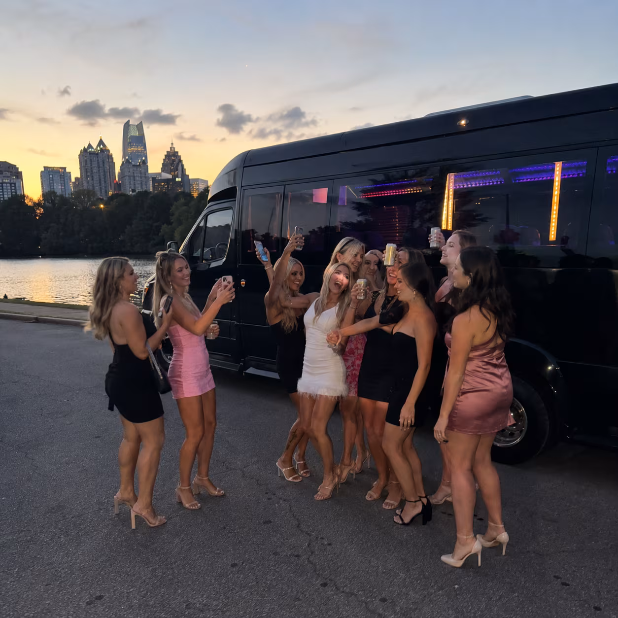 Skyline party bus dusk for a metro Atlanta bachelor & bachelorette party bus rental