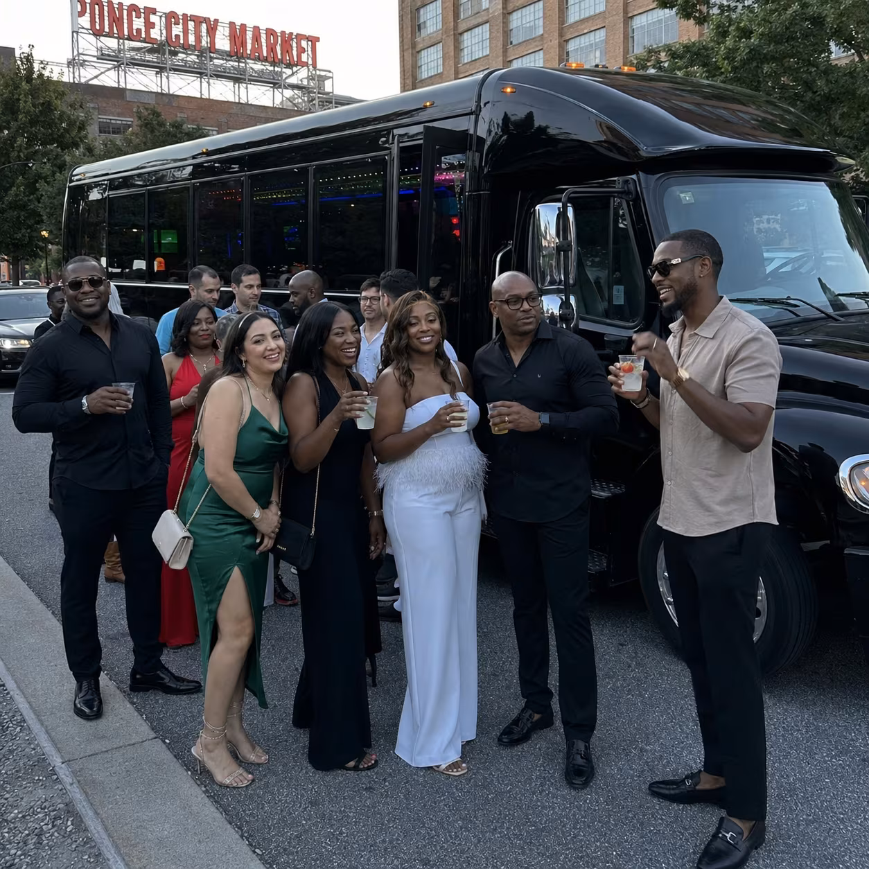 Adult downtown party bus exterior for a metro Atlanta birthday party bus rental