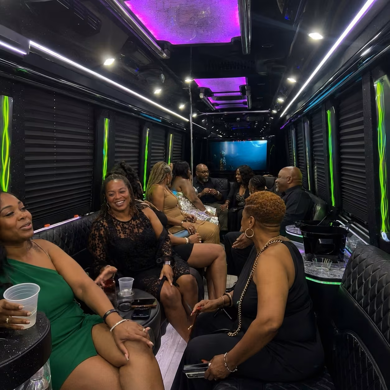 Adult party bus interior for a metro Atlanta birthday party bus rental