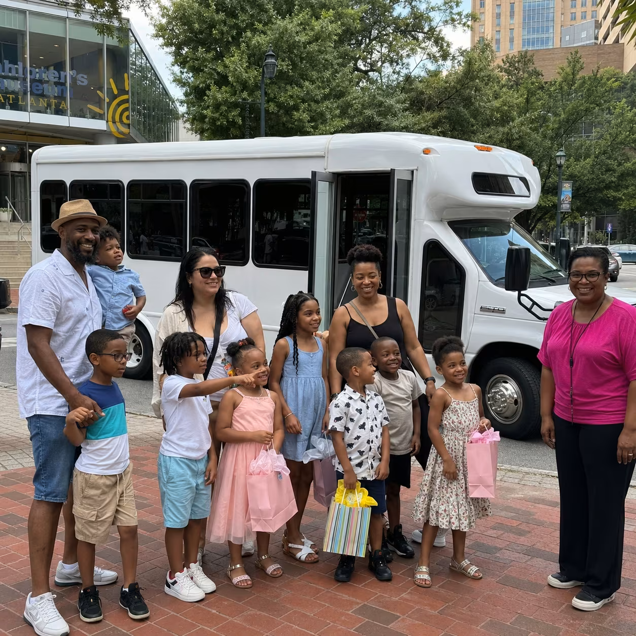 Kids minibus entertainment center exterior for a metro Atlanta birthday party bus rental