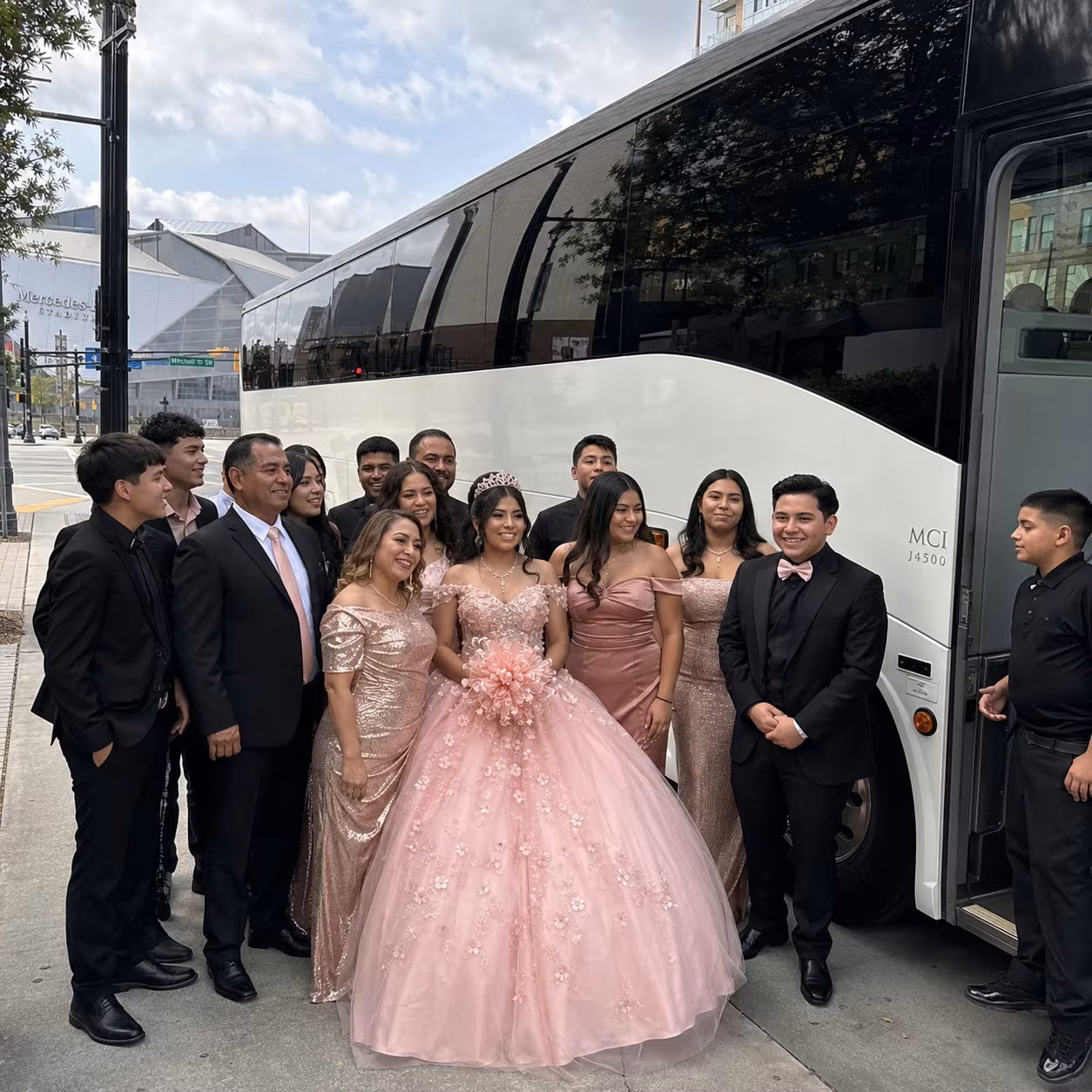 Quinceanera Grech MCI exterior for a metro Atlanta birthday party bus rental