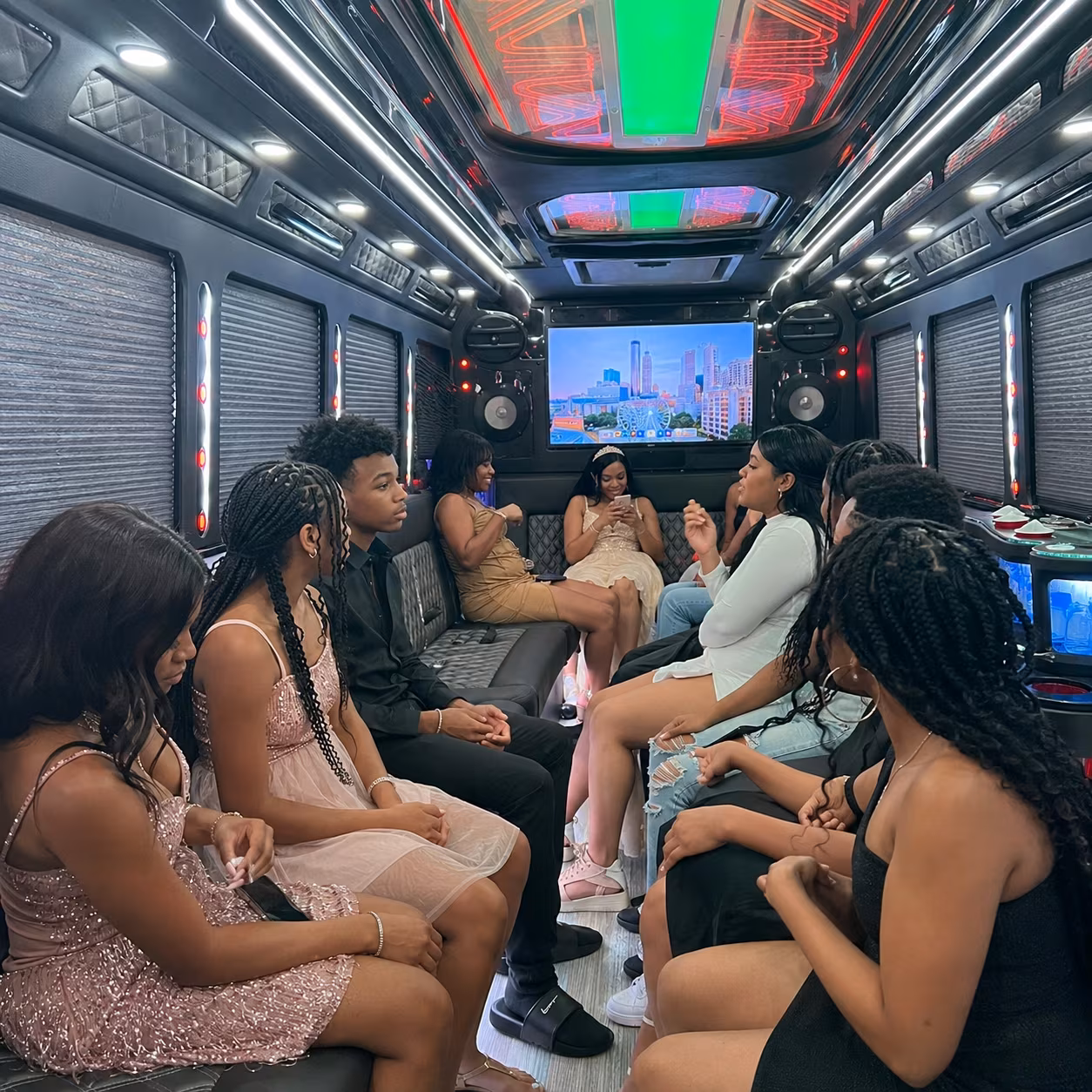 Sweet 16 party bus interior for a metro Atlanta birthday party bus rental