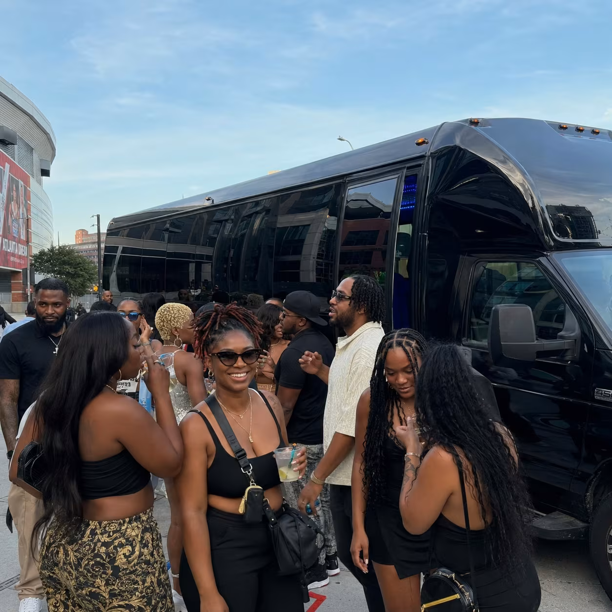 Arena party bus exterior for a metro Atlanta concert party bus rental