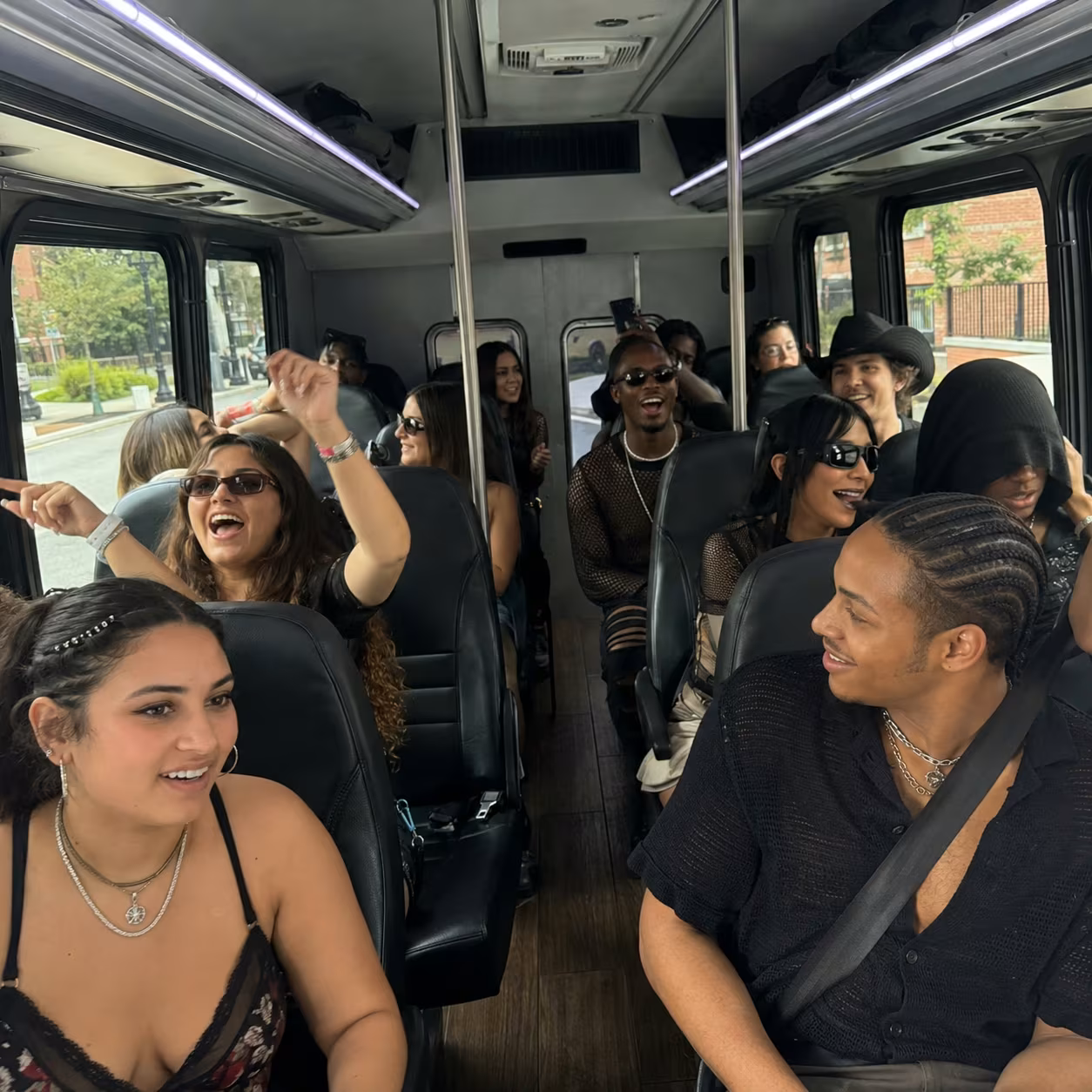 Minibus aisle interior for a metro Atlanta concert party bus rental