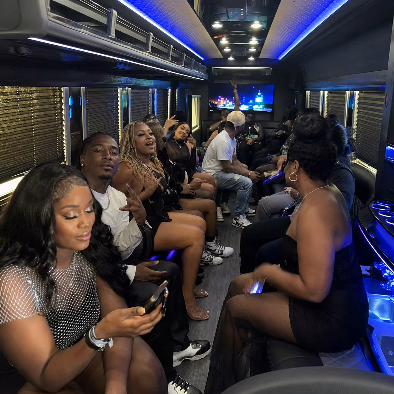 Party bus passengers interior for a metro Atlanta concert party bus rental