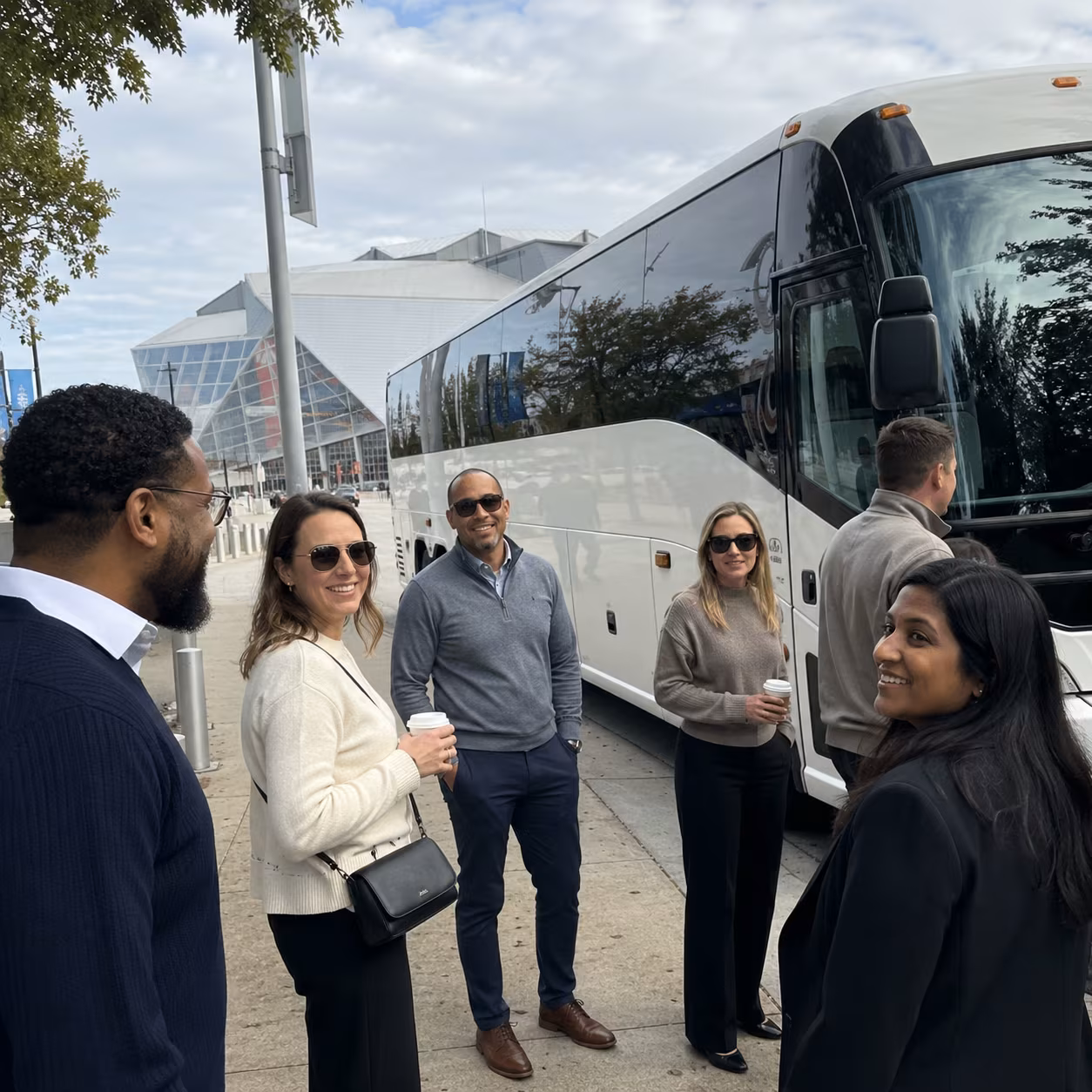 Corporate event transportation charter bus exterior for a metro Atlanta corporate event party bus rental