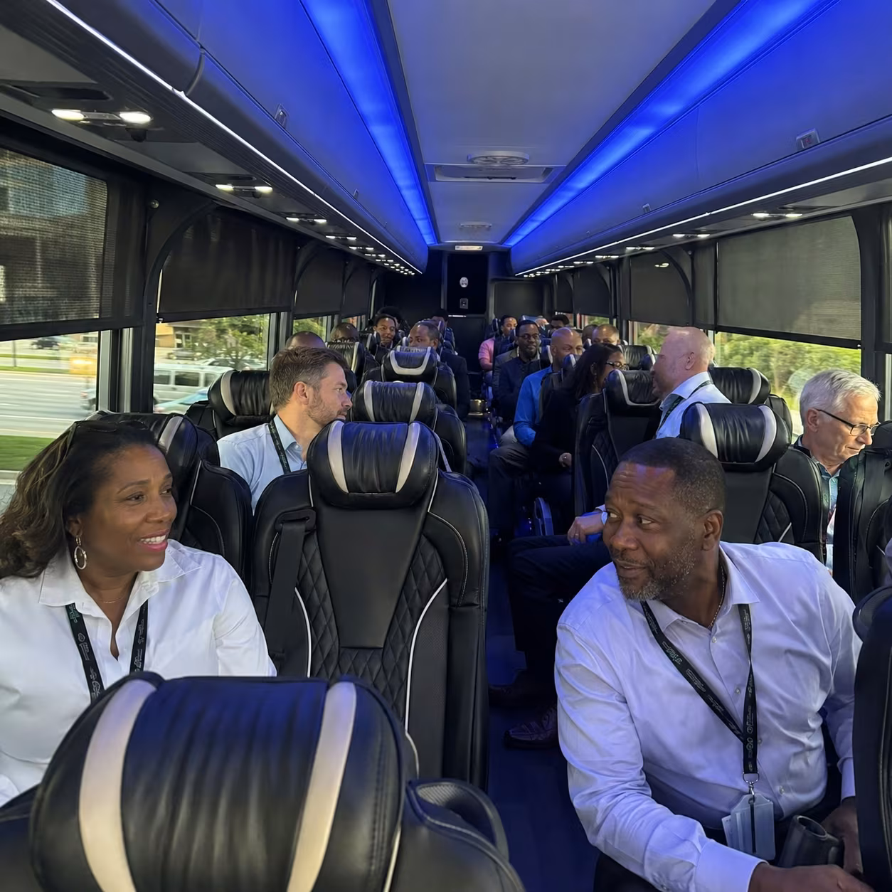 Corporate event transportation charter bus interior LED lighting for a metro Atlanta corporate event party bus rental
