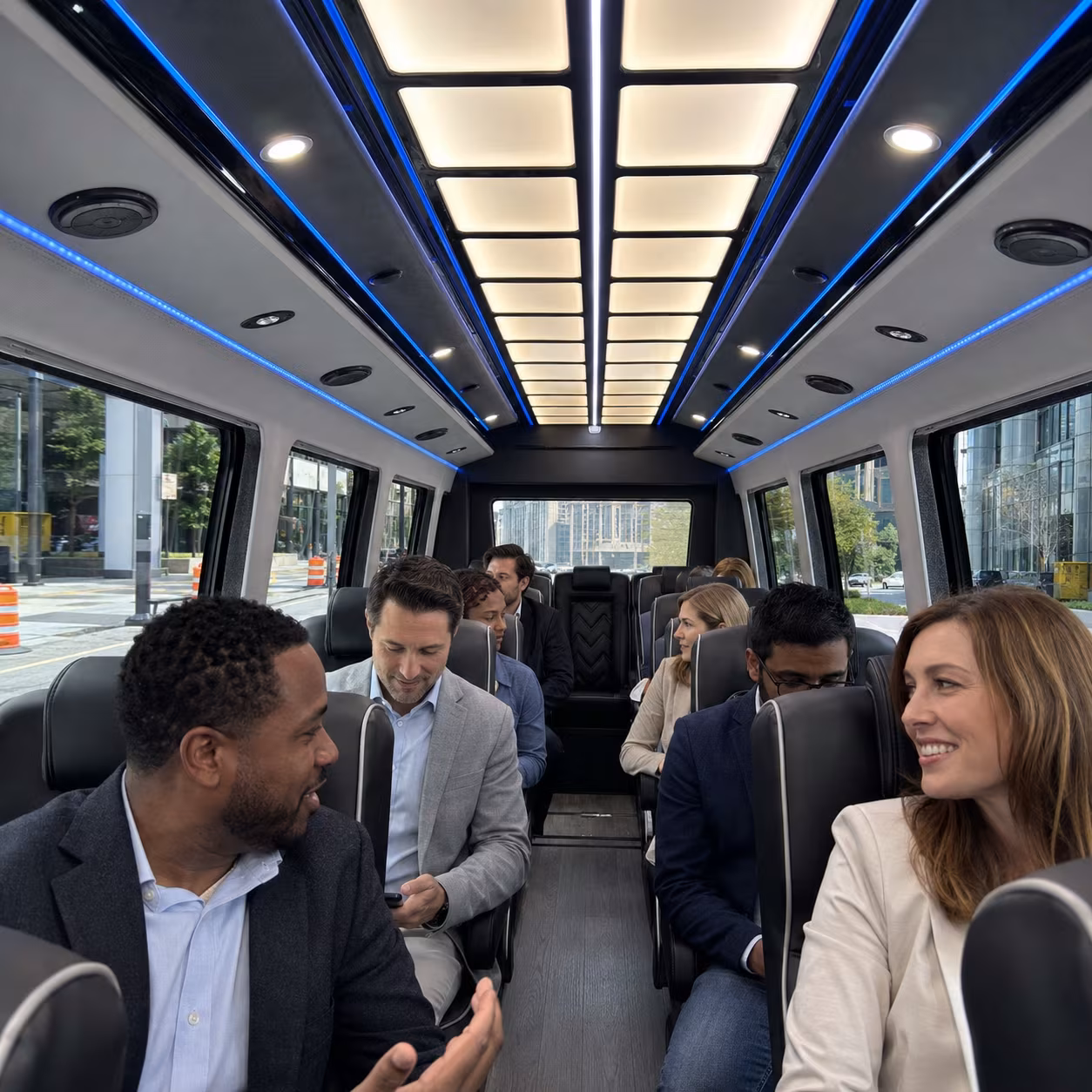 Corporate event transportation minibus interior LED lighting for a metro Atlanta corporate event party bus rental