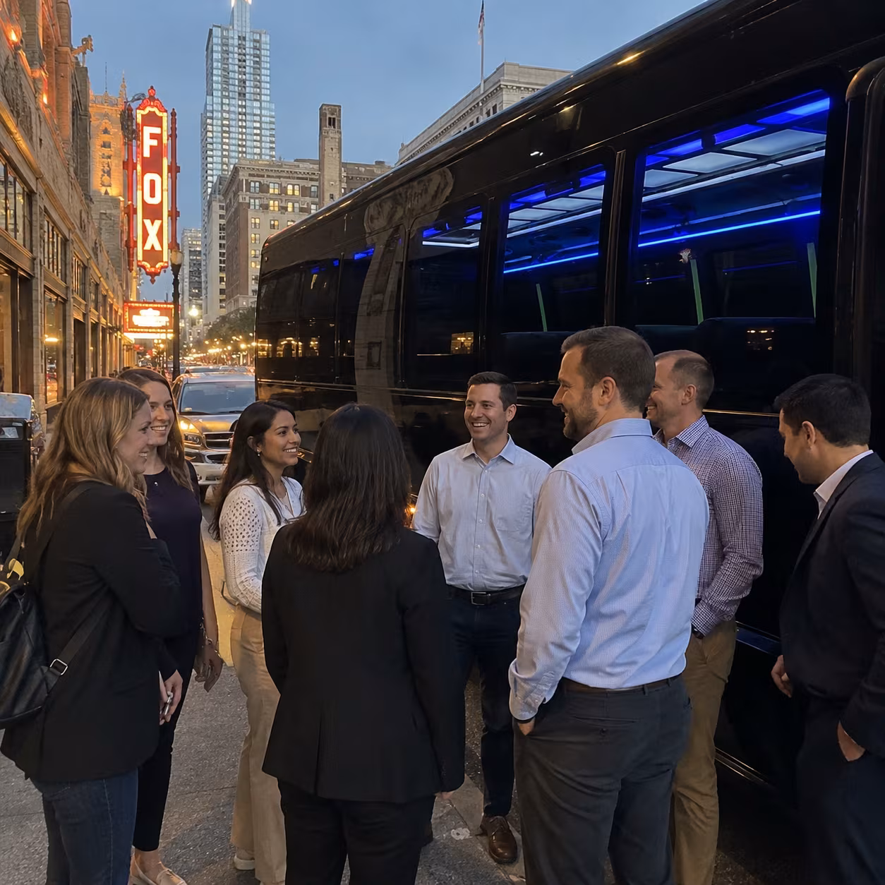 Corporate event transportation party bus interior LED lighting for a metro Atlanta corporate event party bus rental