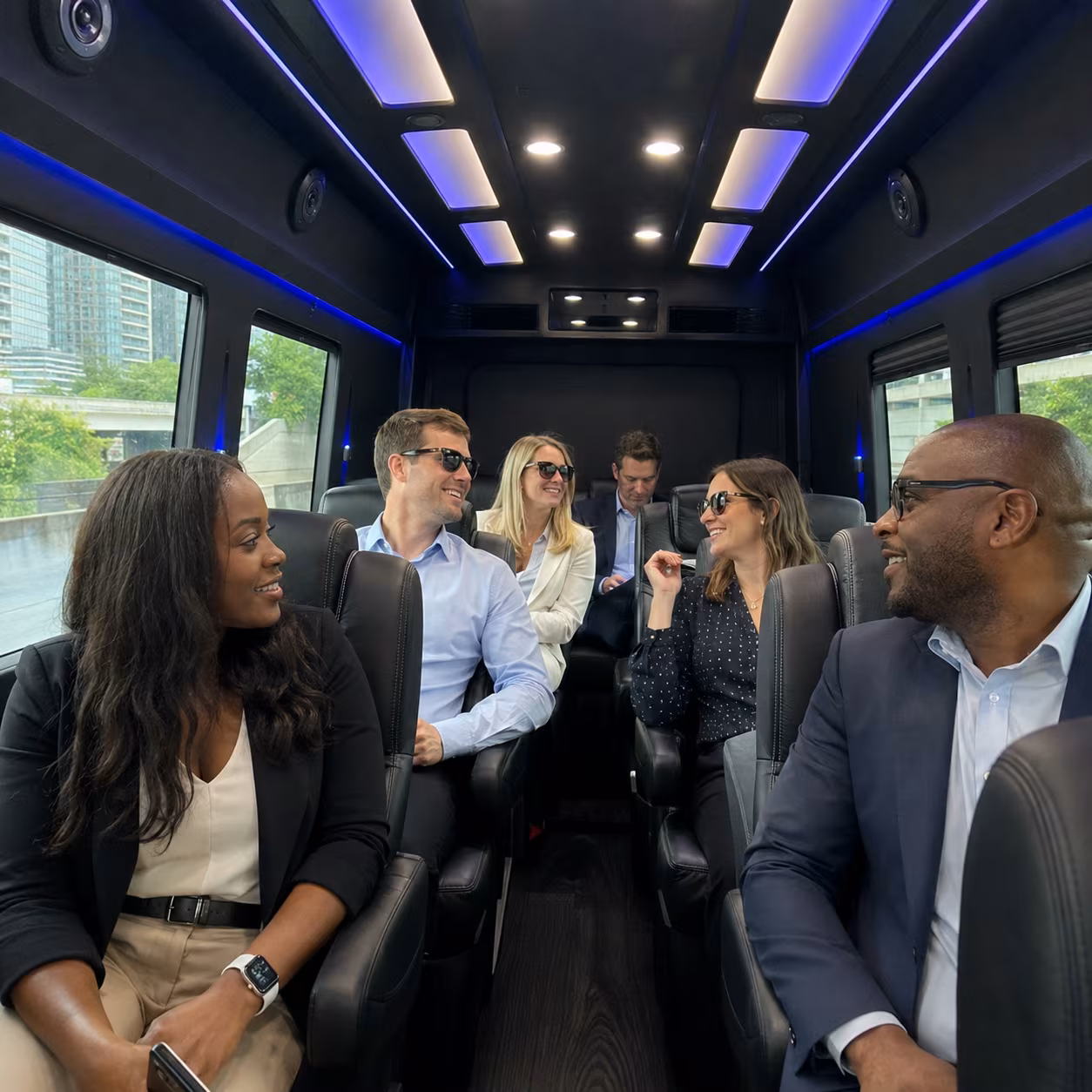 Corporate event transportation sprinter van interior LED lighting 2 for a metro Atlanta corporate event party bus rental
