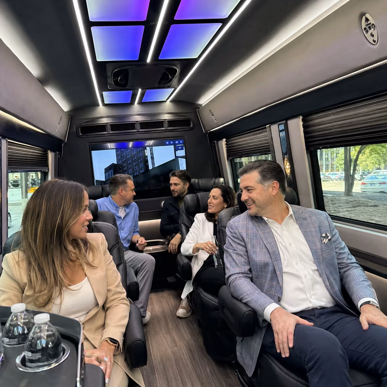Corporate event transportation sprinter van interior LED lighting for a metro Atlanta corporate event party bus rental