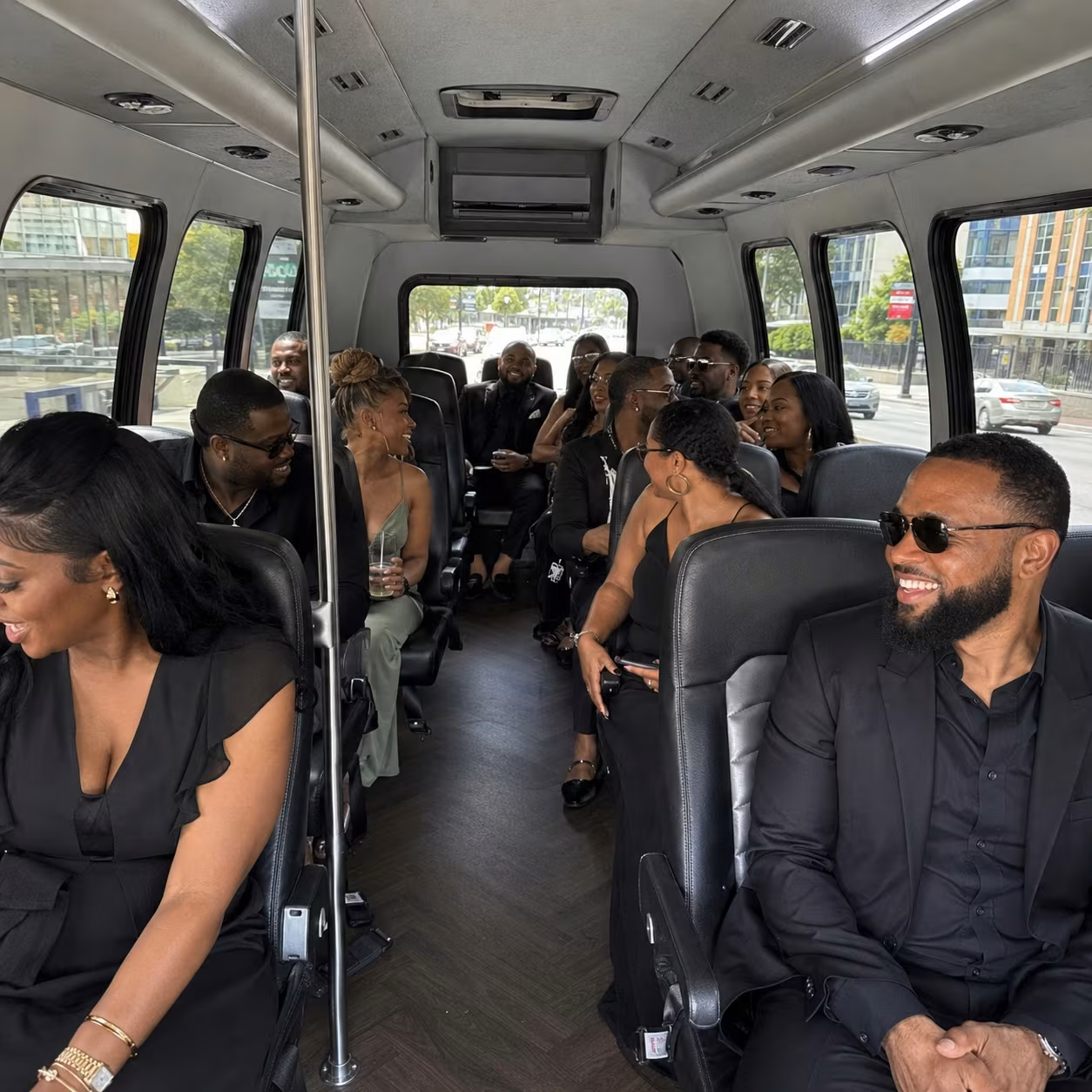 Private event transportation minibus interior seating for a metro Atlanta private event party bus rental