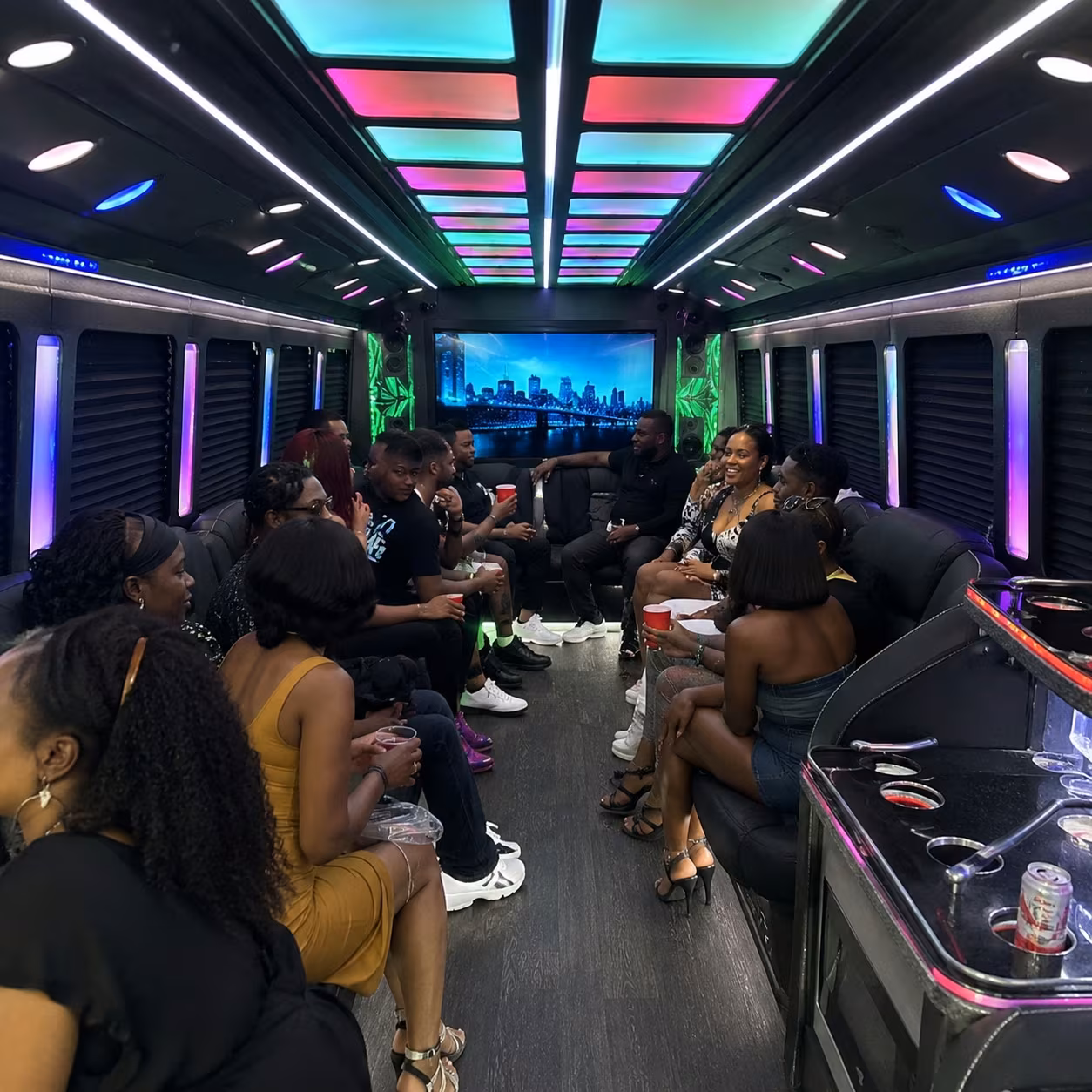 Private event transportation party bus interior LED lighting 2 for a metro Atlanta private event party bus rental