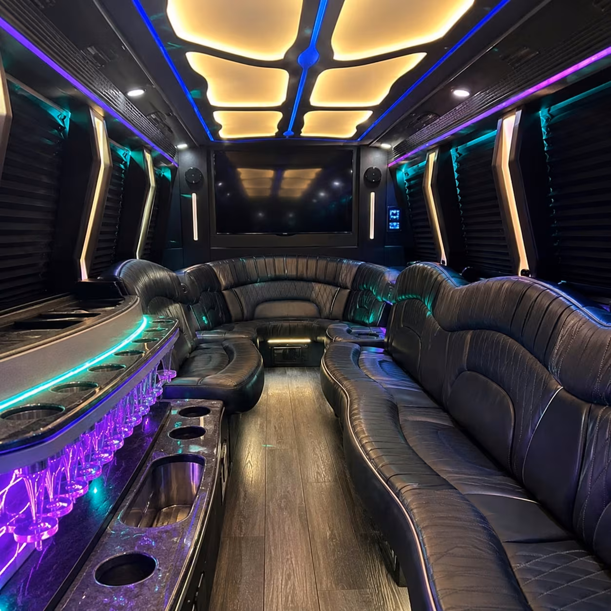Private event transportation party bus interior LED lighting 3 for a metro Atlanta private event party bus rental