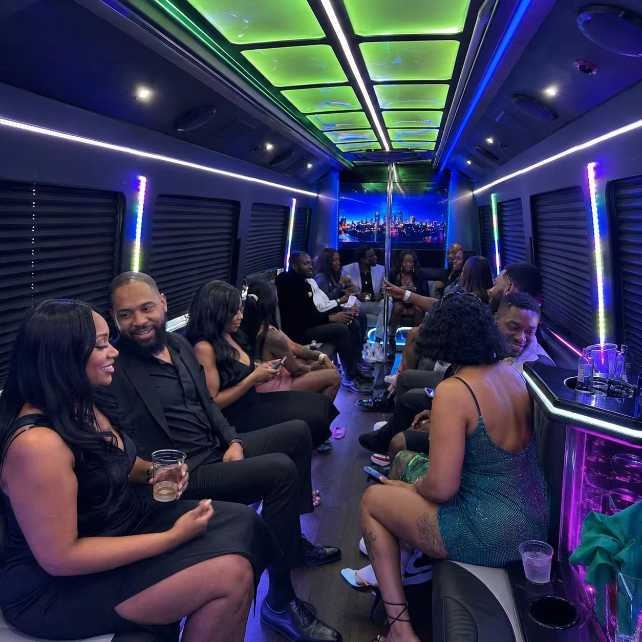 Private event transportation party bus interior LED lighting 7 for a metro Atlanta private event party bus rental