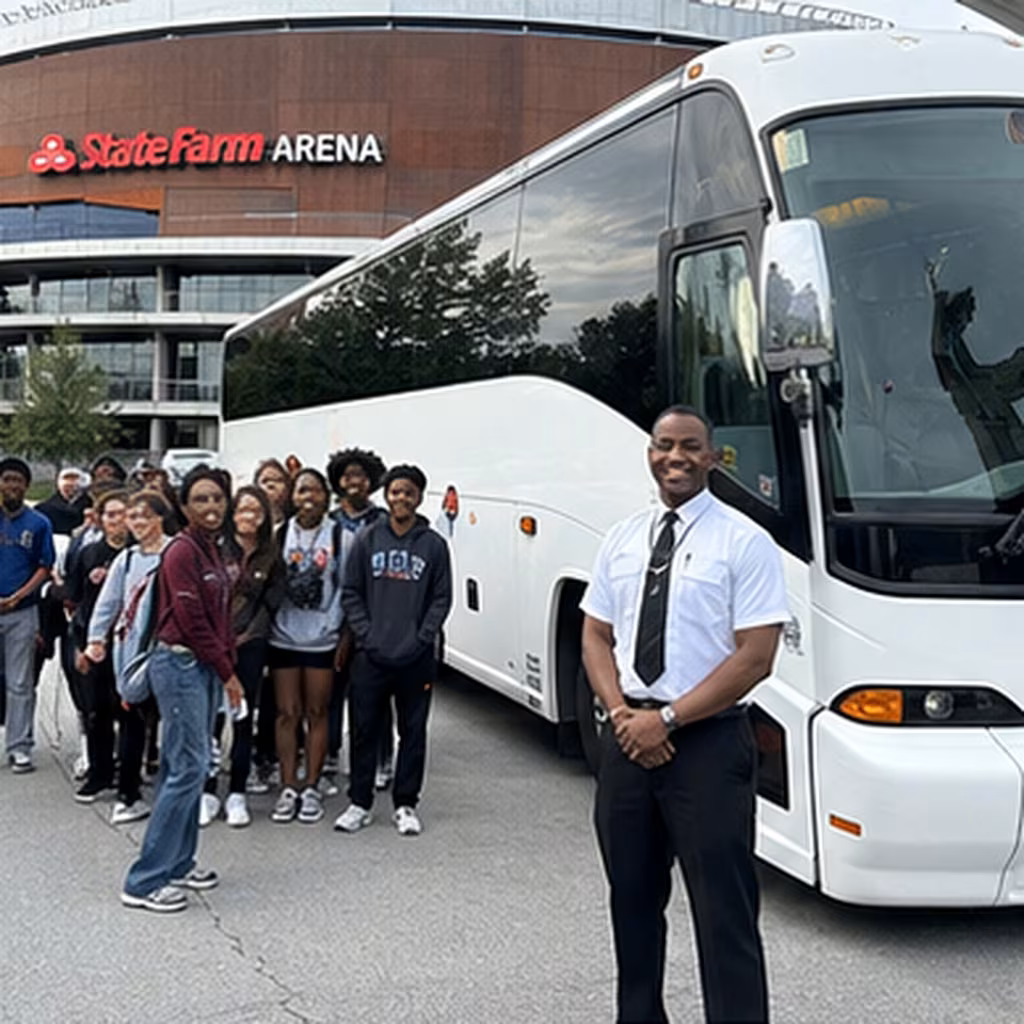 School event bus charter bus group at venue for a metro Atlanta school & field-trip bus rental