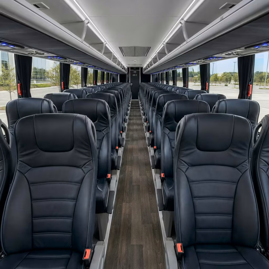Charter bus interior aisle and seating for a metro Atlanta school & field-trip bus rental