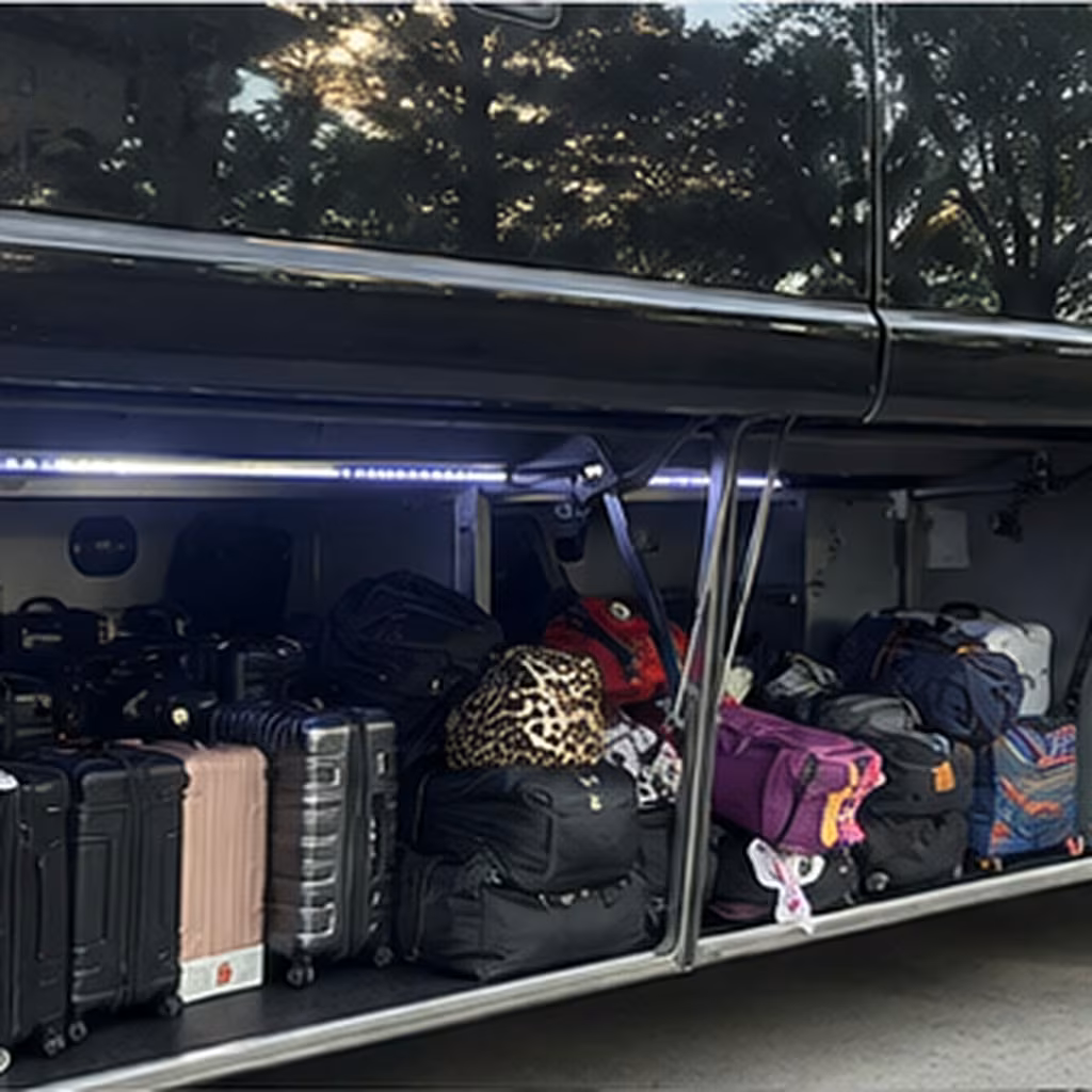 School event bus party bus luggage bay for a metro Atlanta school & field-trip bus rental
