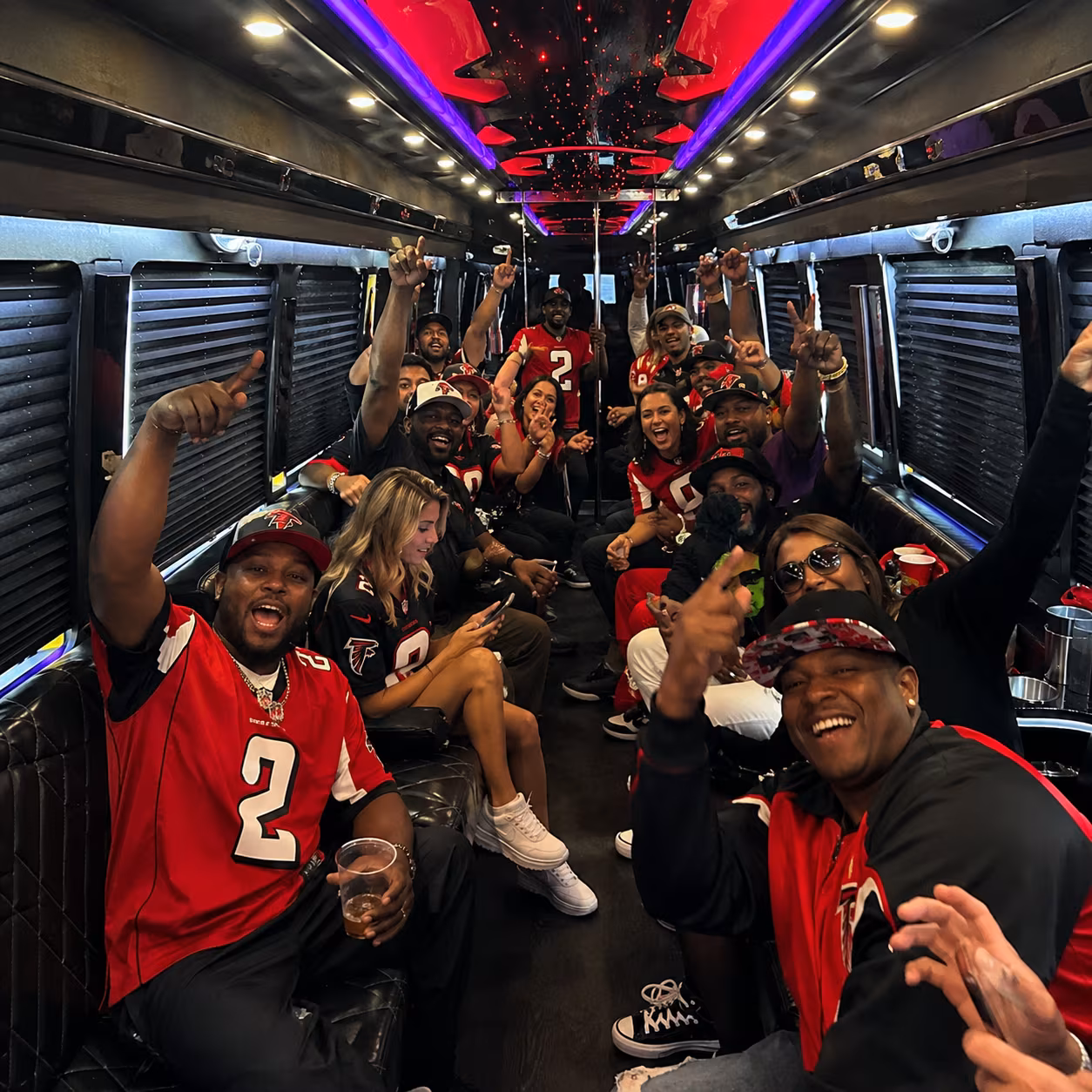 Sporting event bus party bus interior LED lighting 2 for a metro Atlanta sporting event party bus rental