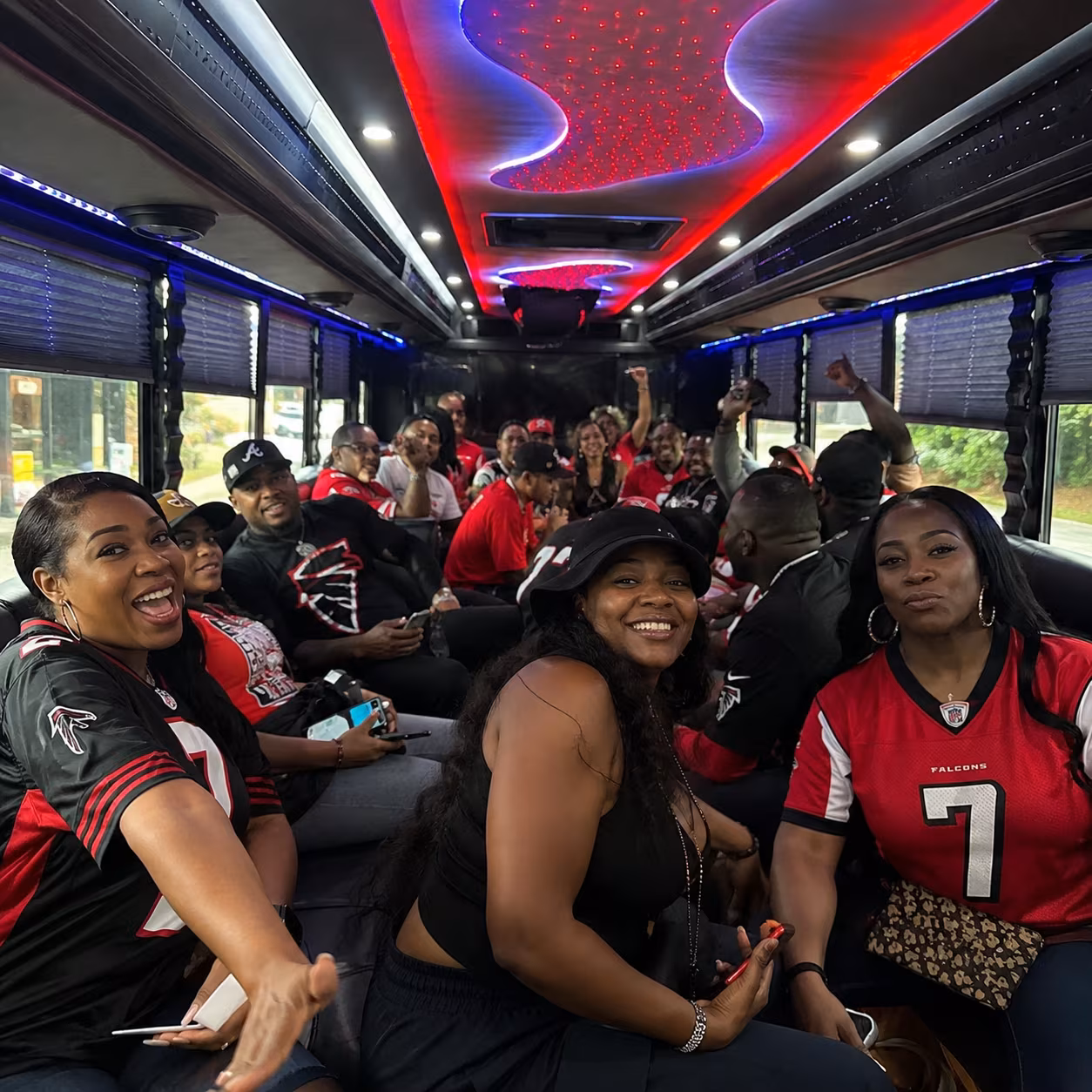 Sporting event bus party bus interior LED lighting 3 for a metro Atlanta sporting event party bus rental