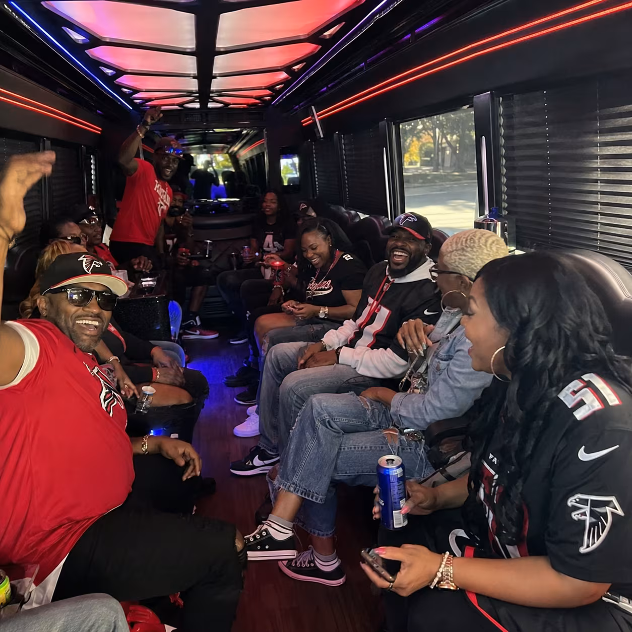 Sporting event bus party bus interior LED lighting for a metro Atlanta sporting event party bus rental