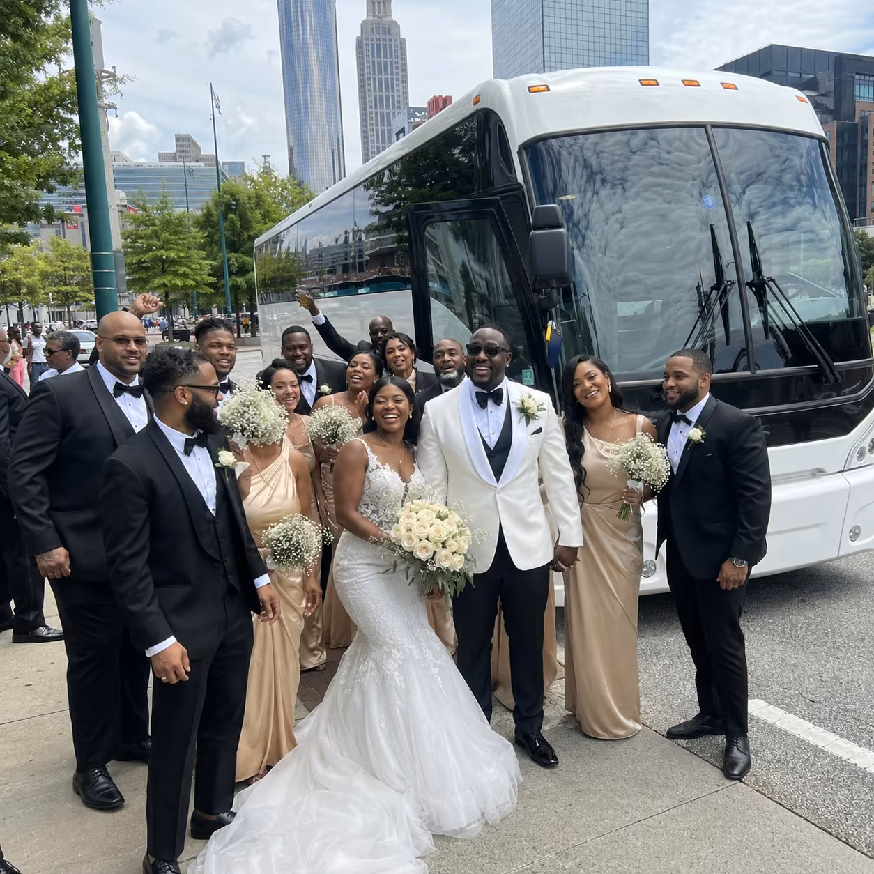 Wedding transportation charter bus bridal party for a metro Atlanta wedding party bus rental