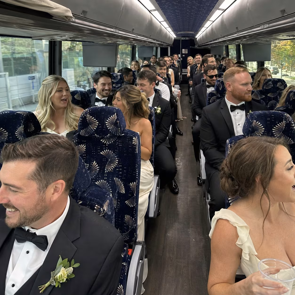 Wedding transportation charter bus interior seating for a metro Atlanta wedding party bus rental