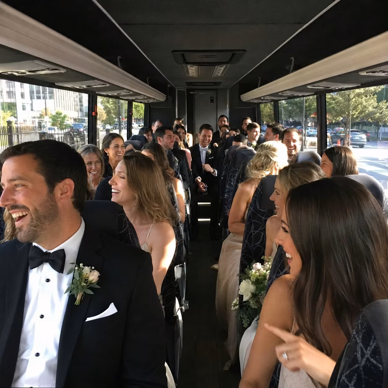 Wedding transportation minibus interior seating for a metro Atlanta wedding party bus rental