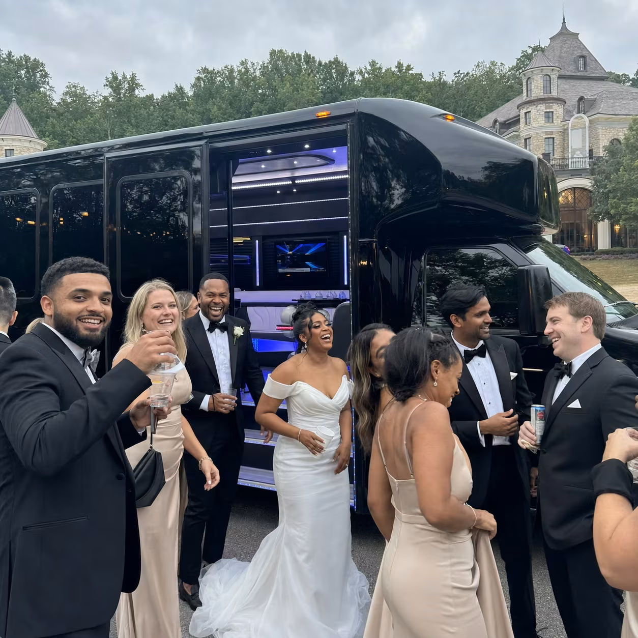 Wedding transportation party bus interior LED lighting 2 for a metro Atlanta wedding party bus rental