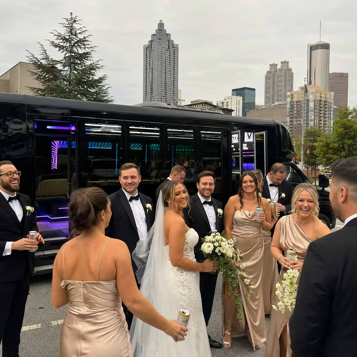 Wedding transportation party bus interior LED lighting for a metro Atlanta wedding party bus rental
