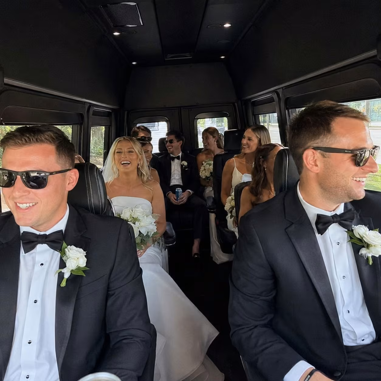 Wedding transportation sprinter van interior seating for a metro Atlanta wedding party bus rental
