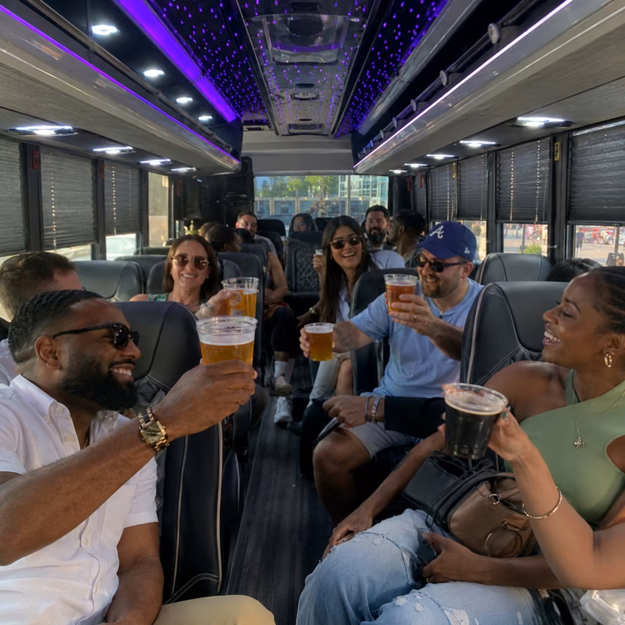 Winery tour party bus minibus interior LED lighting for a metro Atlanta winery tour & pub crawl party bus rental