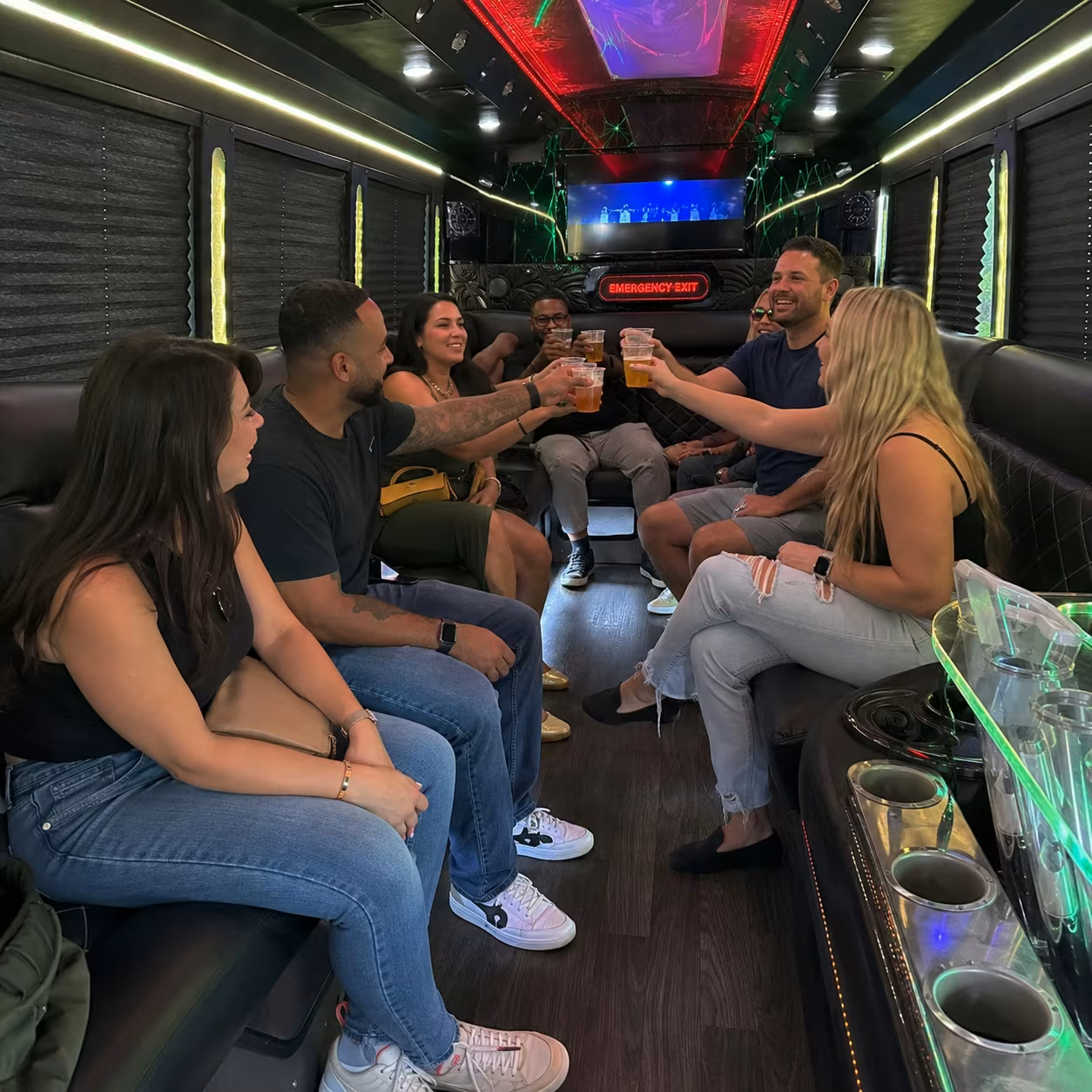 Winery tour party bus party bus interior LED lighting 10 for a metro Atlanta winery tour & pub crawl party bus rental