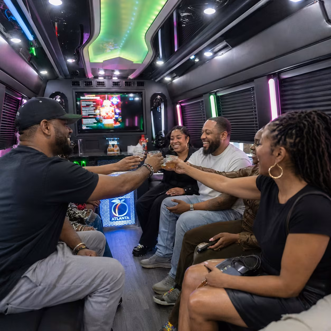 Winery tour party bus party bus interior LED lighting 2 for a metro Atlanta winery tour & pub crawl party bus rental