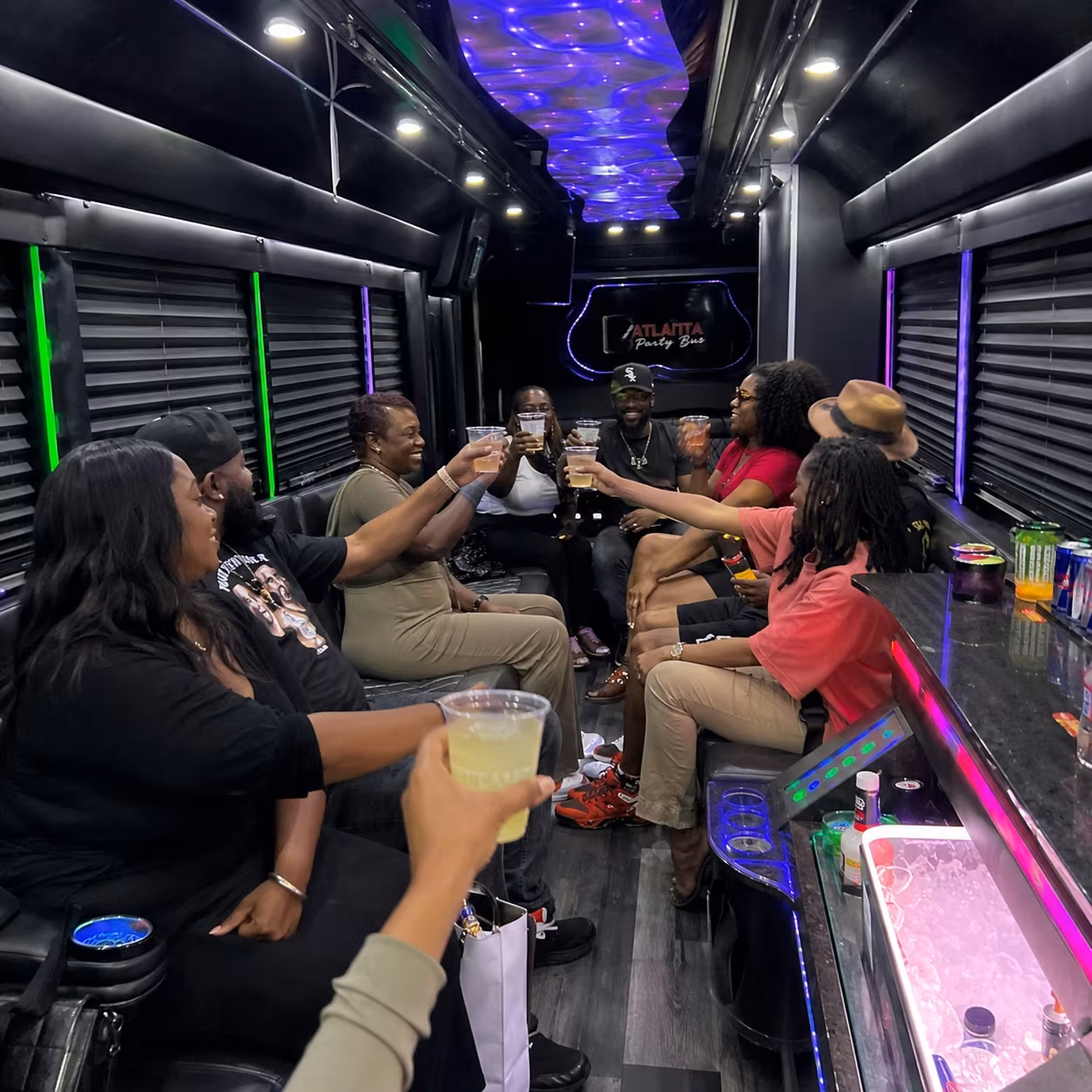 Winery tour party bus party bus interior LED lighting 3 for a metro Atlanta winery tour & pub crawl party bus rental