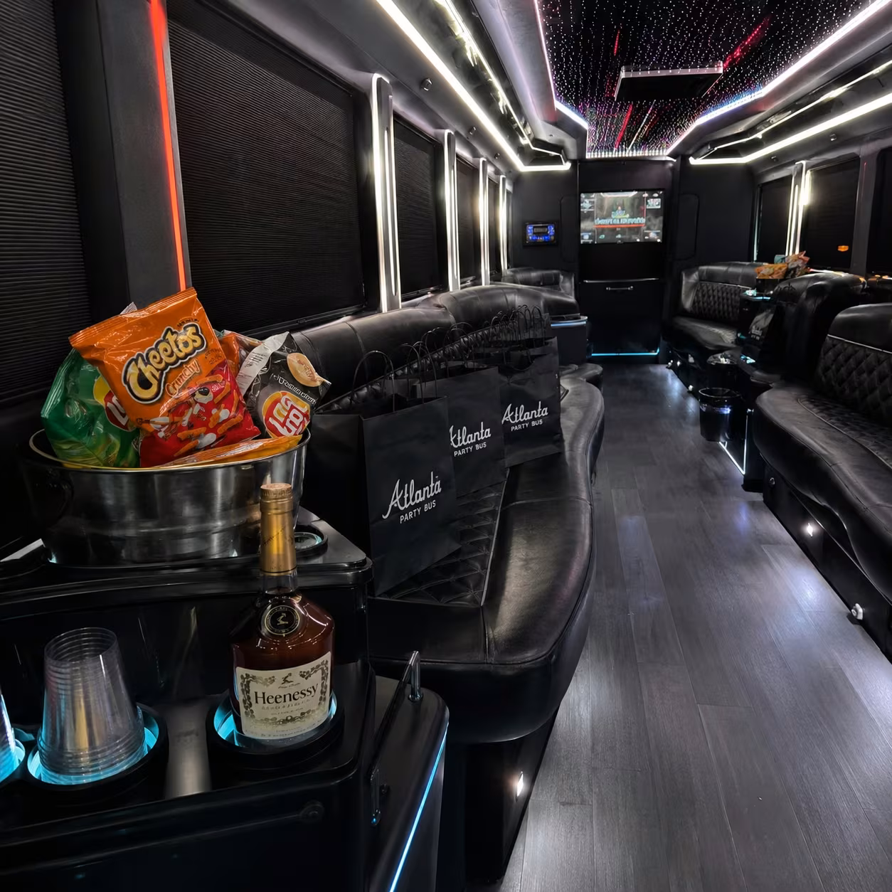 Winery tour party bus party bus interior LED lighting 4 for a metro Atlanta winery tour & pub crawl party bus rental