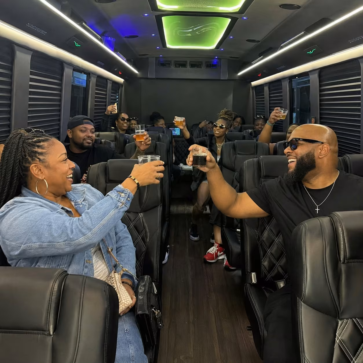 Winery tour party bus party bus interior LED lighting 7 for a metro Atlanta winery tour & pub crawl party bus rental